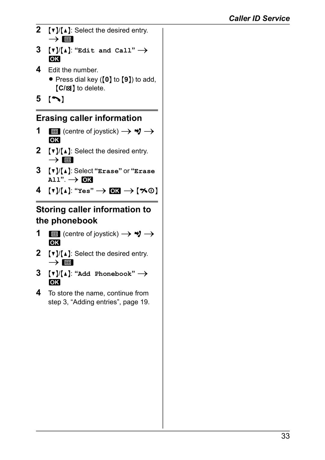 Panasonic KX-TG8301NZ Erasing caller information, Storing caller information to the phonebook, Edit and Call 