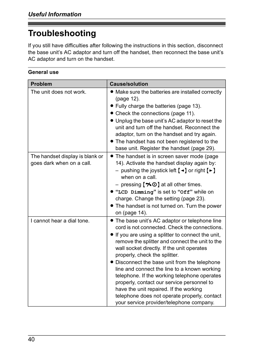 Panasonic KX-TG8301NZ operating instructions Troubleshooting, General use Problem Cause/solution 