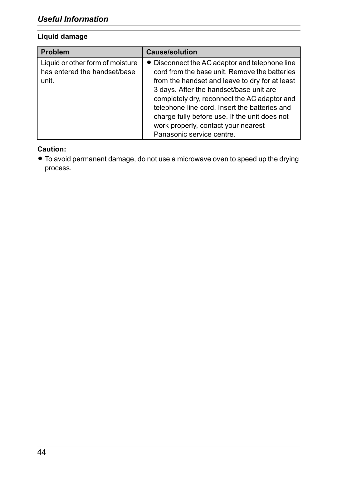 Panasonic KX-TG8301NZ operating instructions Liquid damage Problem Cause/solution 