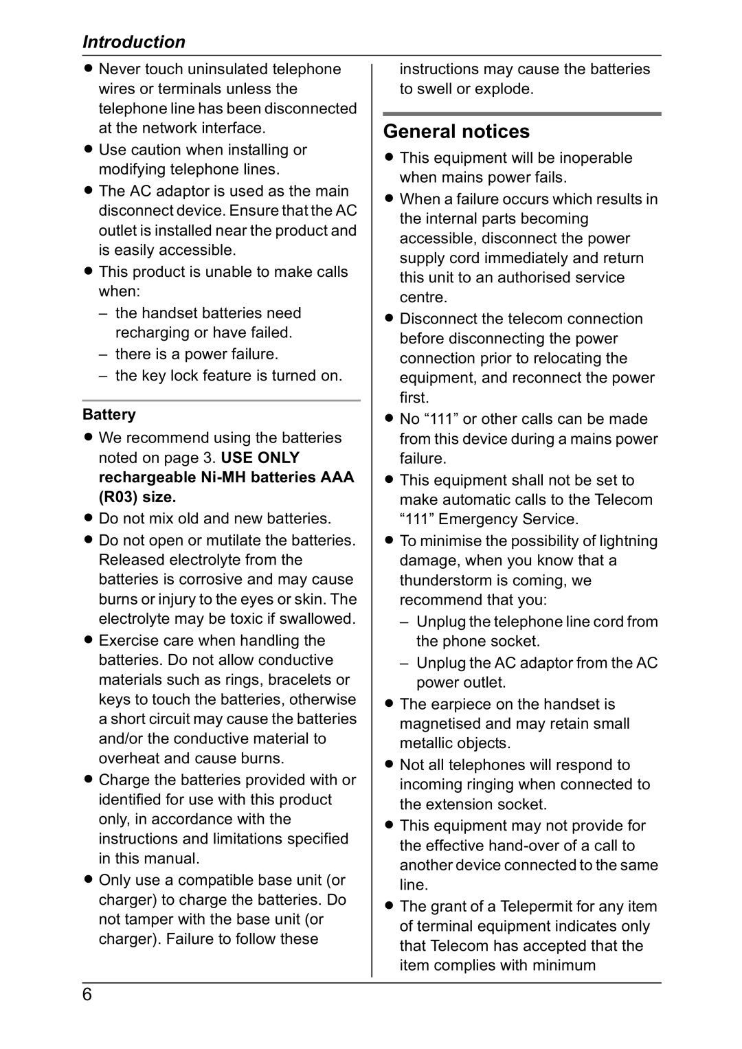 Panasonic KX-TG8301NZ operating instructions General notices, Battery, Rechargeable Ni-MH batteries AAA R03 size 