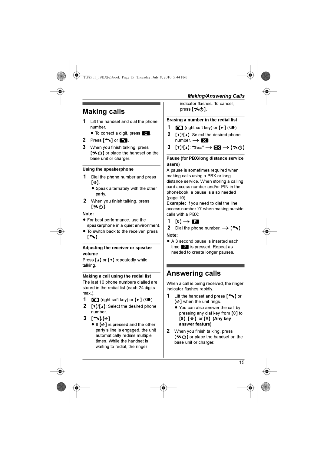 Panasonic KX-TG8511BX operating instructions Making calls, Answering calls 