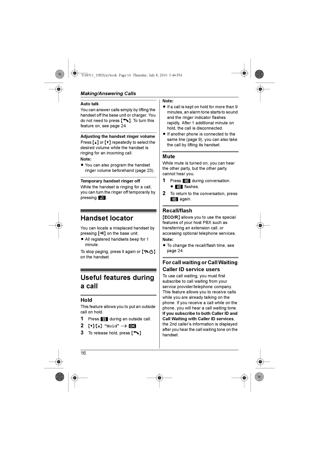 Panasonic KX-TG8511BX operating instructions Handset locator, Useful features during a call, Hold, Mute, Recall/flash 