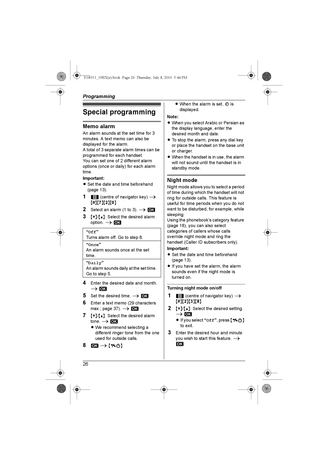 Panasonic KX-TG8511BX operating instructions Night mode, Turning night mode on/off 