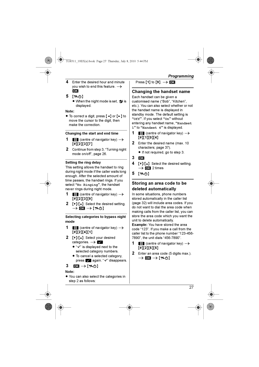 Panasonic KX-TG8511BX Changing the handset name, Storing an area code to be deleted automatically, Setting the ring delay 