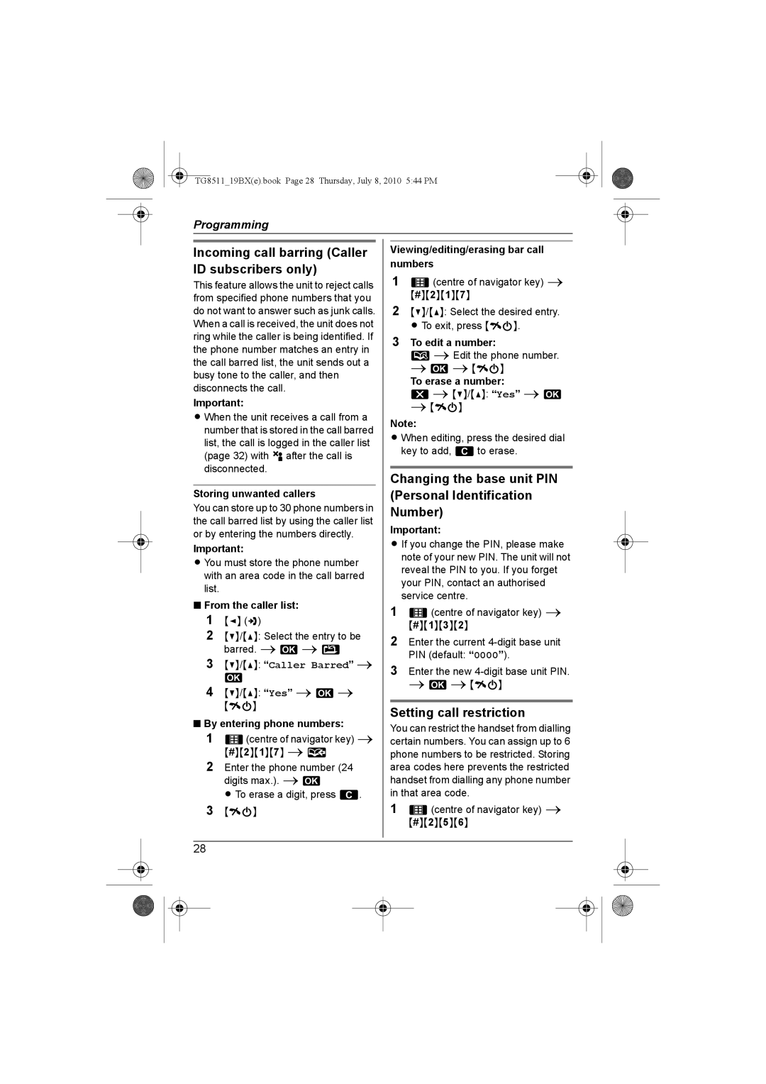 Panasonic KX-TG8511BX operating instructions Incoming call barring Caller ID subscribers only, Setting call restriction 