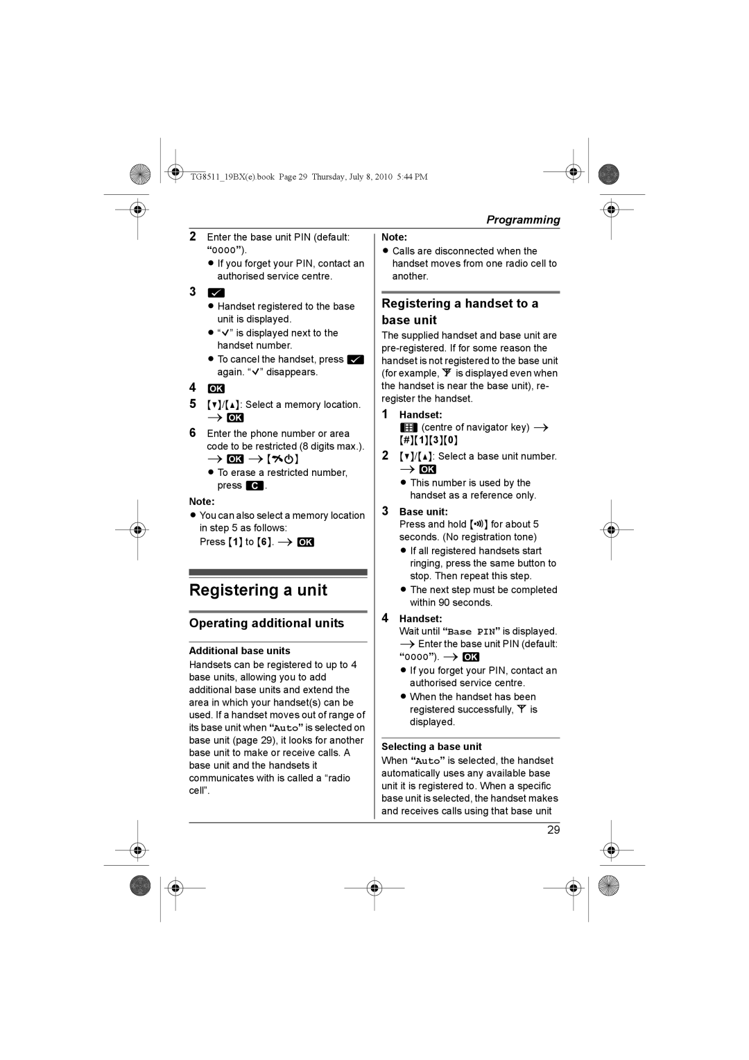 Panasonic KX-TG8511BX Registering a unit, Operating additional units, Registering a handset to a base unit 