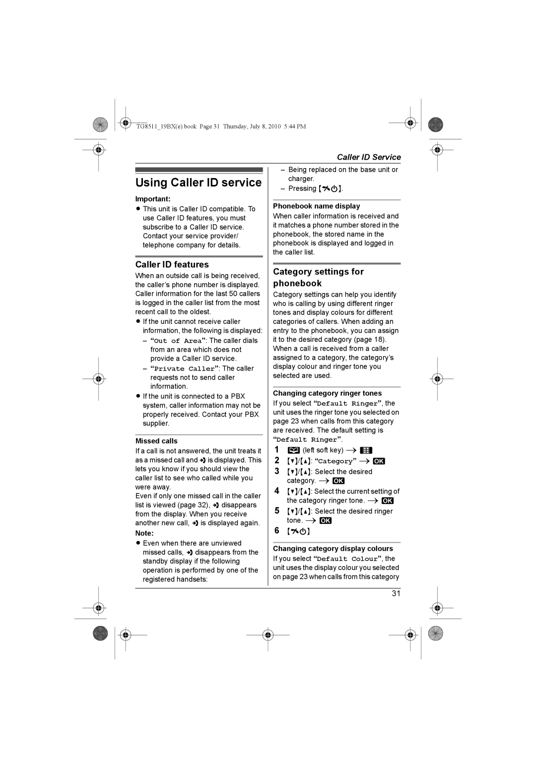 Panasonic KX-TG8511BX operating instructions Using Caller ID service, Caller ID features, Category settings for phonebook 