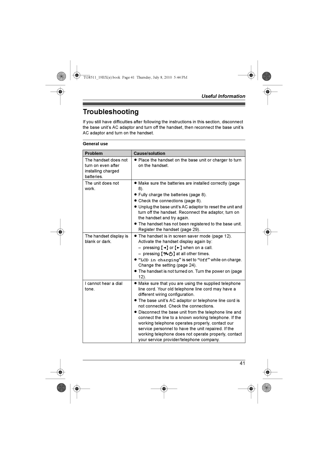 Panasonic KX-TG8511BX operating instructions Troubleshooting, General use Problem Cause/solution 