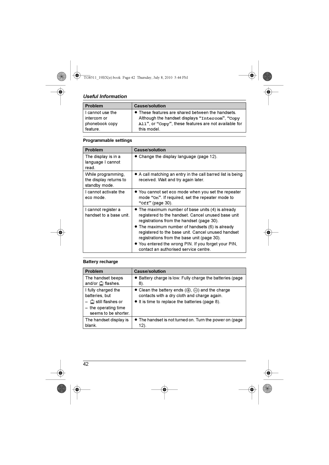 Panasonic KX-TG8511BX operating instructions Battery recharge Problem Cause/solution 