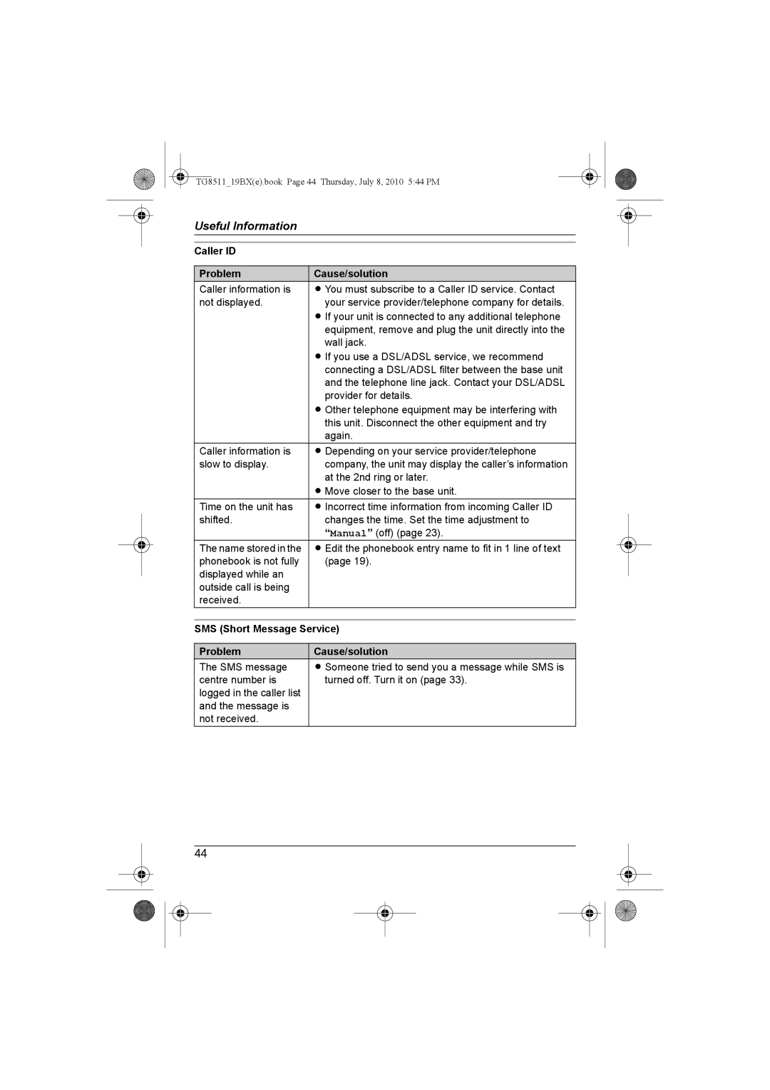 Panasonic KX-TG8511BX operating instructions Caller ID Problem Cause/solution, SMS Short Message Service 