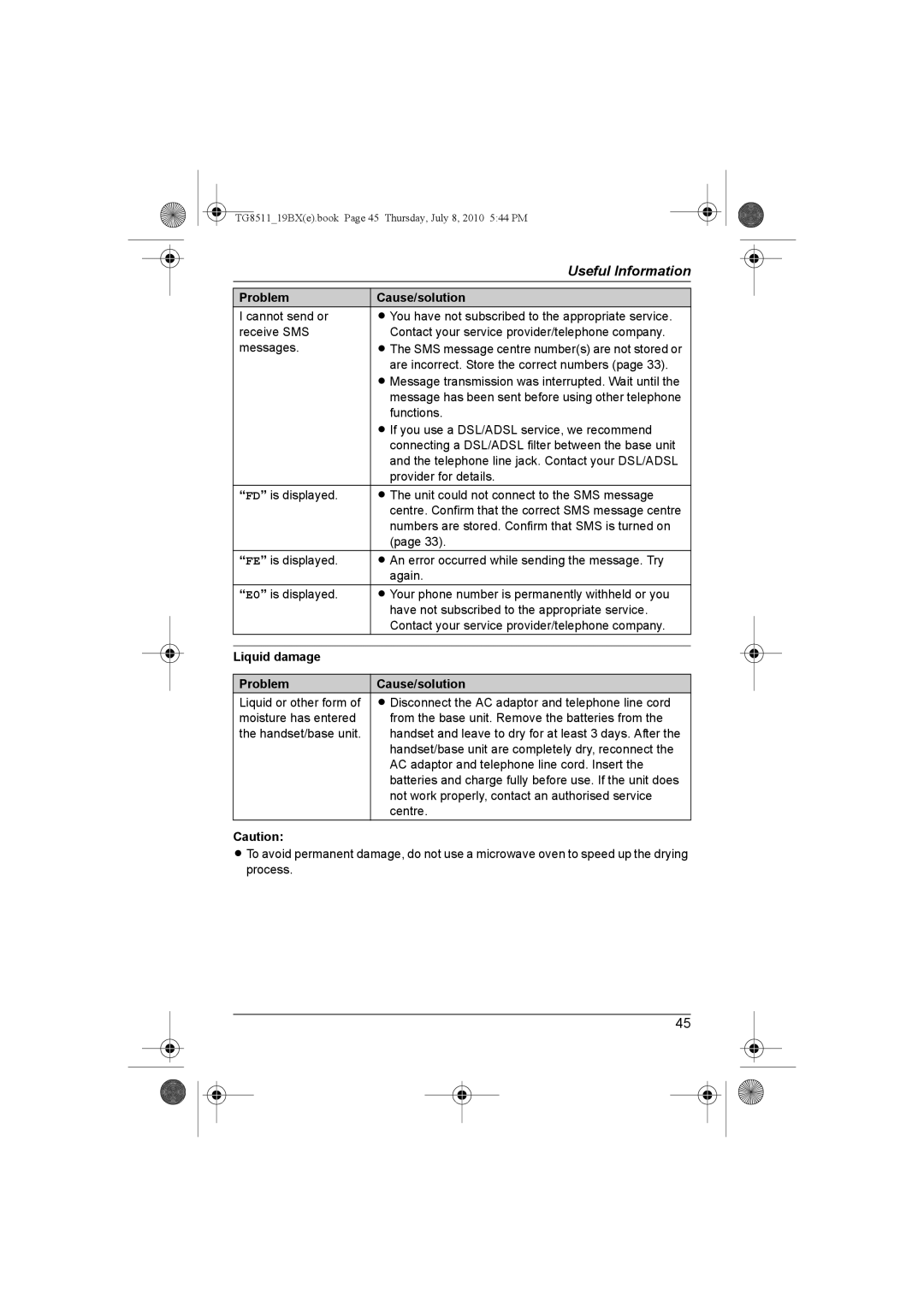 Panasonic KX-TG8511BX operating instructions Liquid damage Problem Cause/solution 