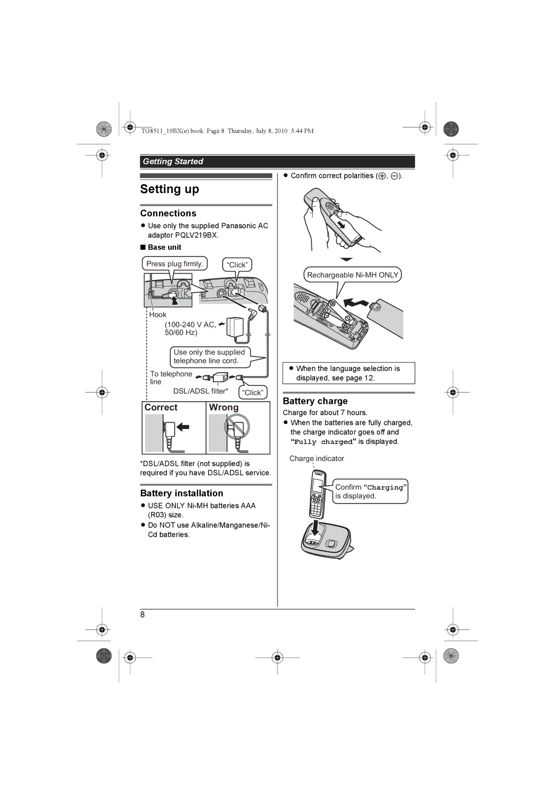 Panasonic KX-TG8511BX operating instructions Setting up, Connections, Correct Wrong, Battery installation, Battery charge 