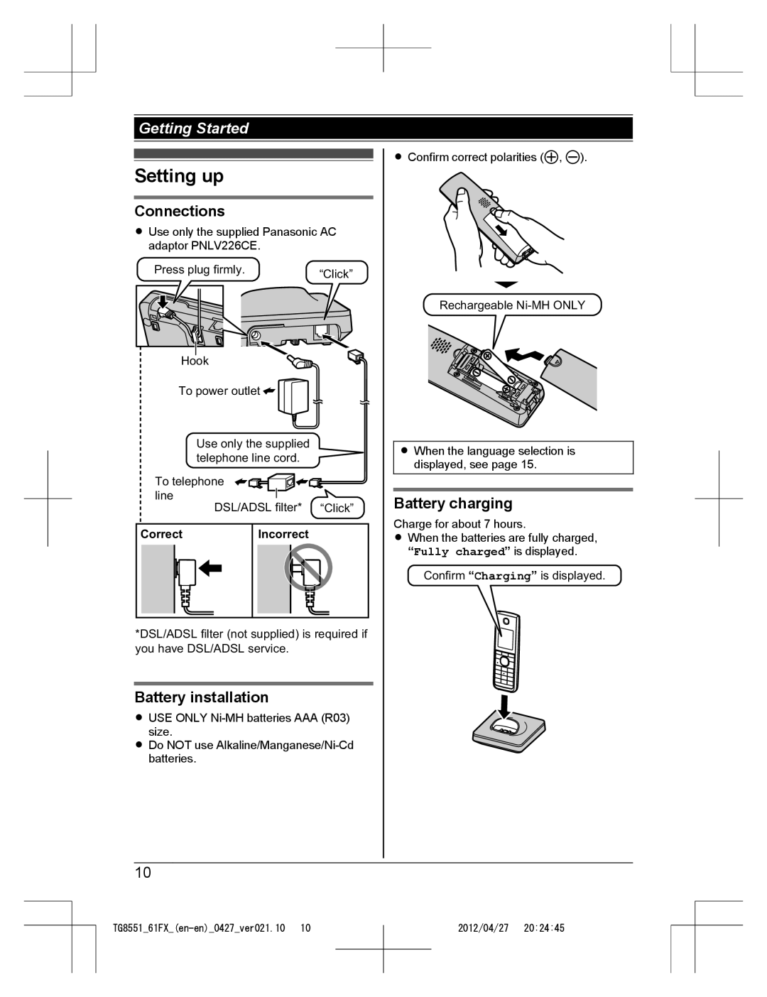 Panasonic KX-TG8561FX, KX-TG8551FX Setting up, Connections, Battery installation, Battery charging, Correct Incorrect 