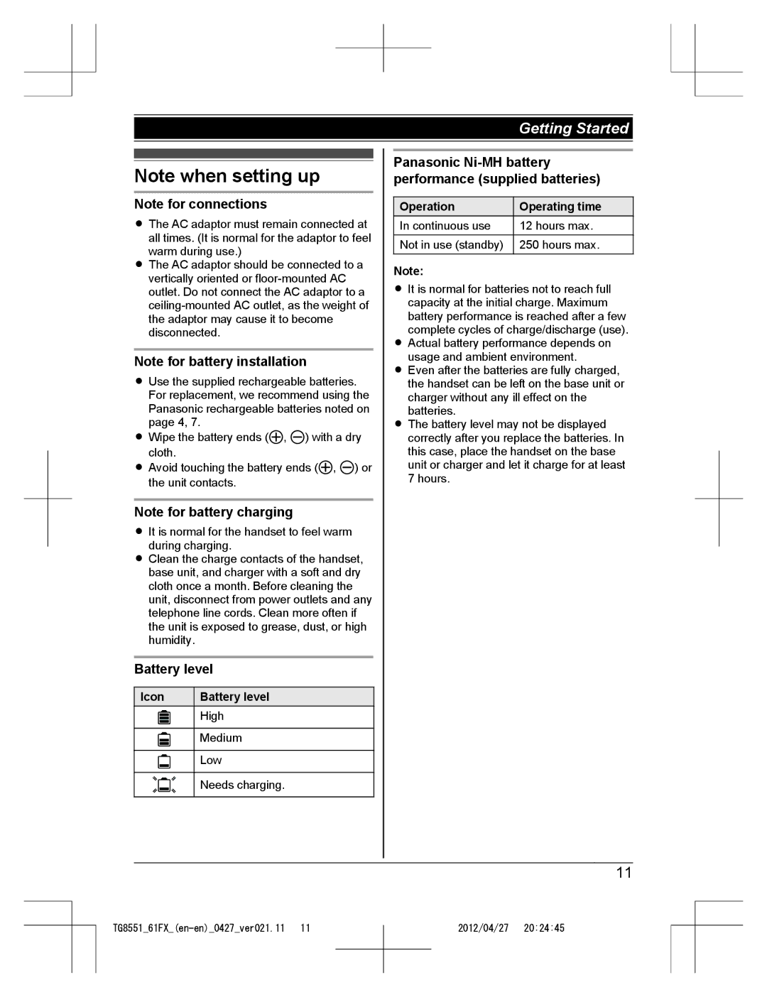 Panasonic KX-TG8551FX, KX-TG8561FX operating instructions Icon Battery level, Operation Operating time 