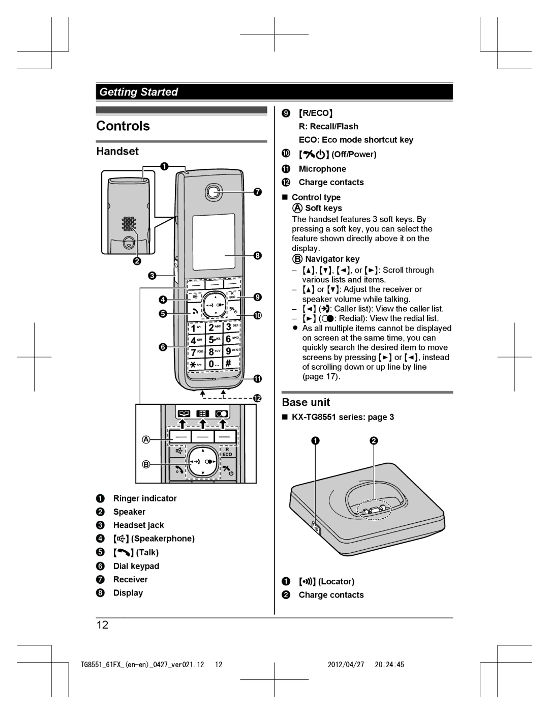 Panasonic KX-TG8561FX, KX-TG8551FX Controls, Handset, Base unit, Navigator key, KX-TG8551 series Locator Charge contacts 