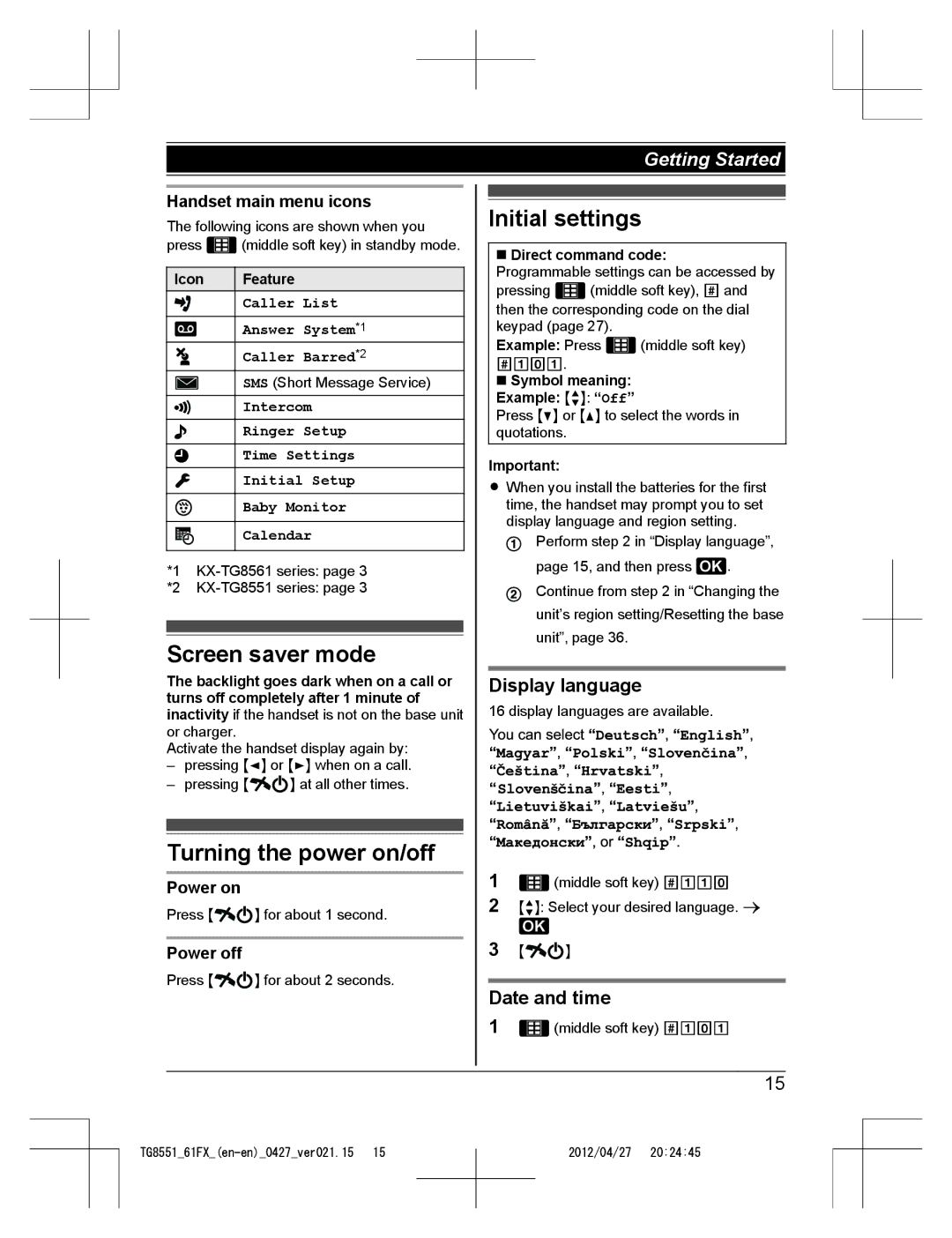 Panasonic KX-TG8551FX Screen saver mode, Turning the power on/off, Initial settings, Display language, Date and time 