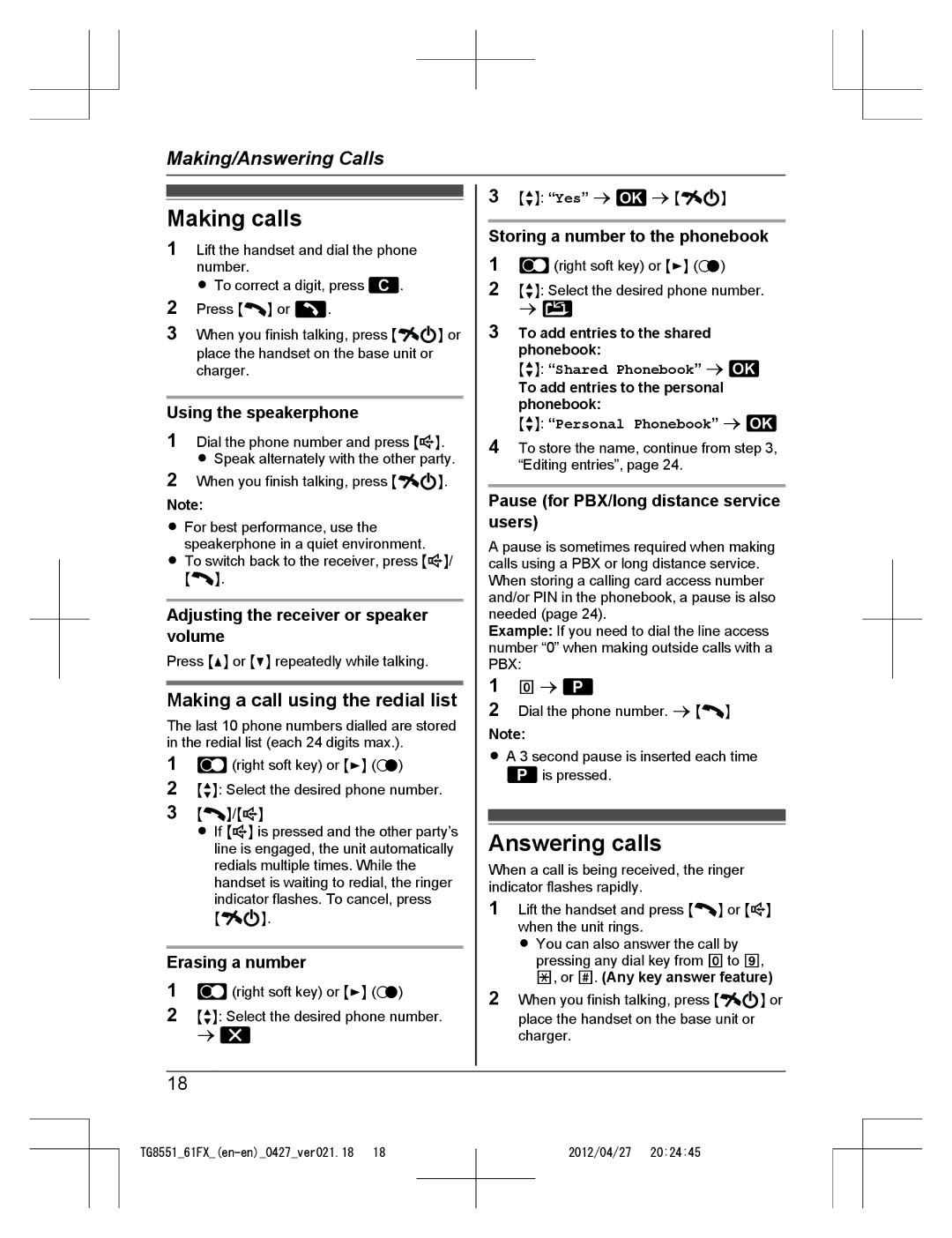 Panasonic KX-TG8561FX, KX-TG8551FX operating instructions Making calls, Answering calls, Making a call using the redial list 