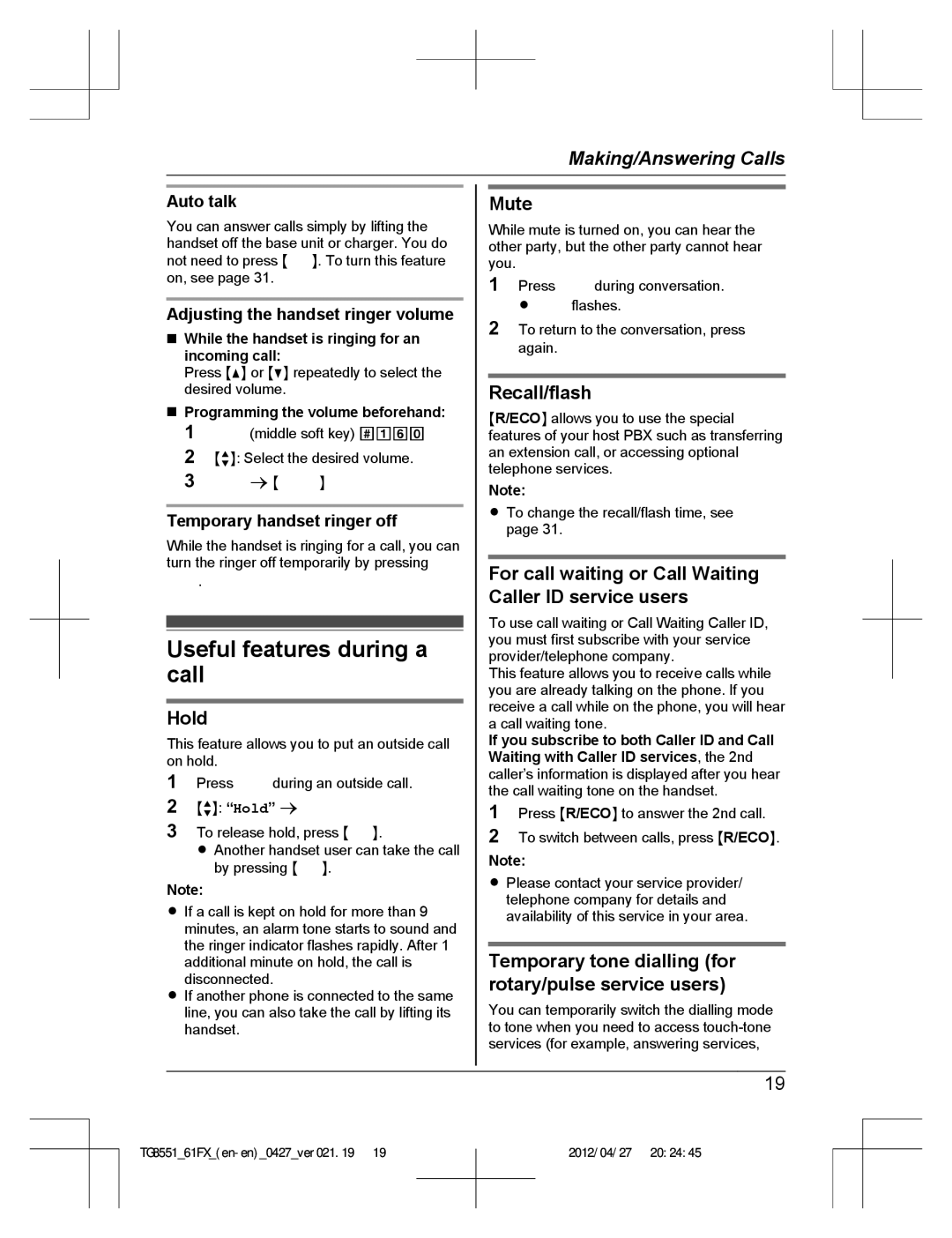 Panasonic KX-TG8551FX, KX-TG8561FX operating instructions Useful features during a call 