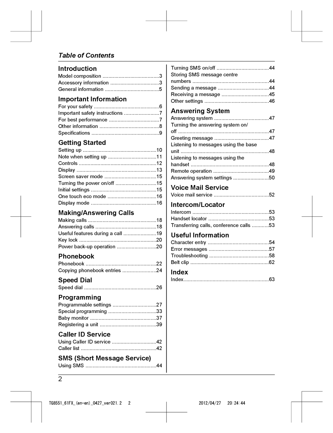 Panasonic KX-TG8561FX, KX-TG8551FX operating instructions Table of Contents 