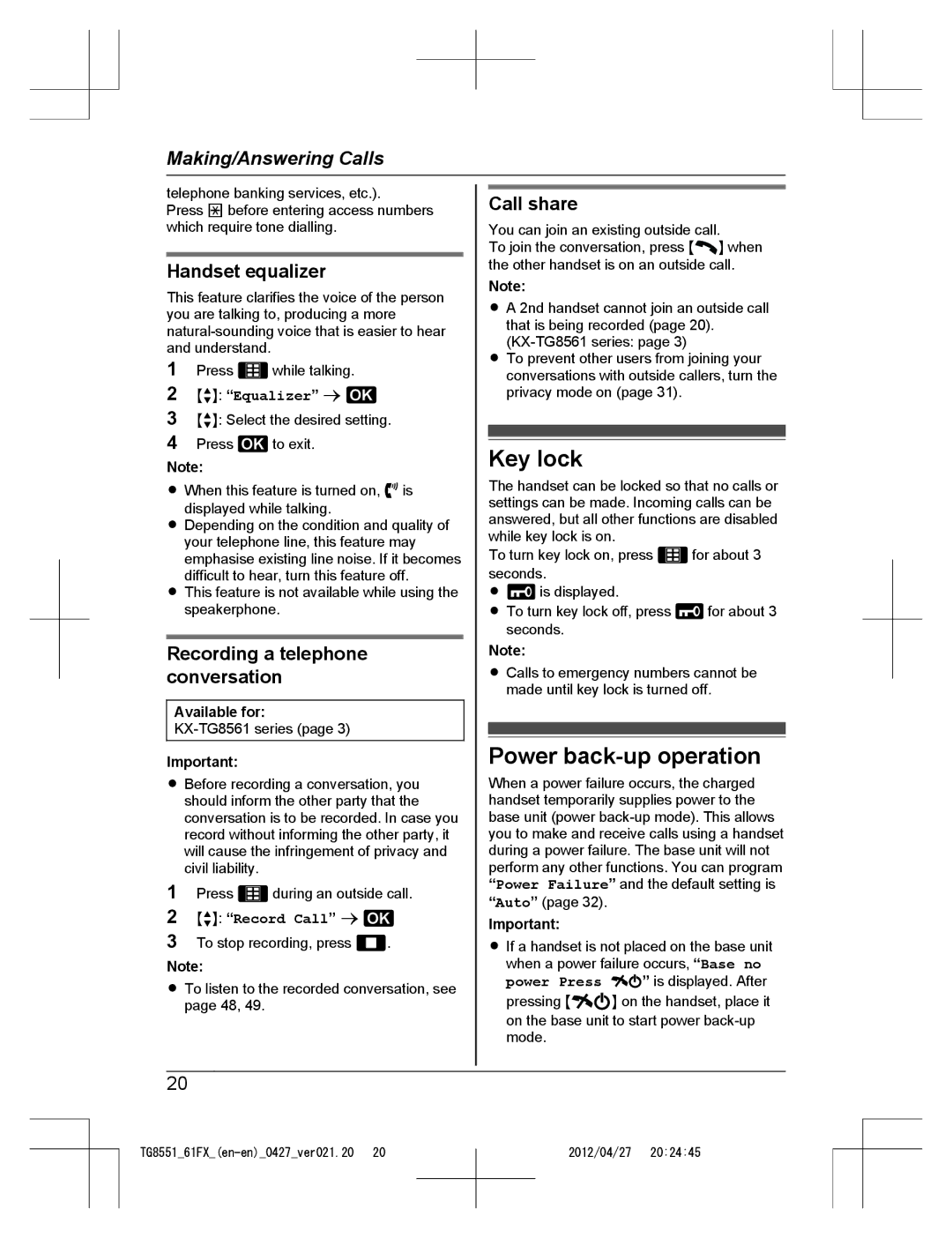 Panasonic KX-TG8561FX Key lock, Power back-up operation, Handset equalizer, Recording a telephone conversation, Call share 