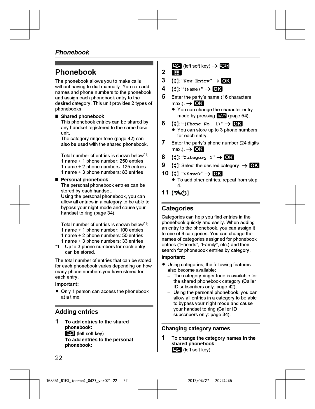 Panasonic KX-TG8561FX, KX-TG8551FX operating instructions Phonebook, Adding entries, Categories, Changing category names 