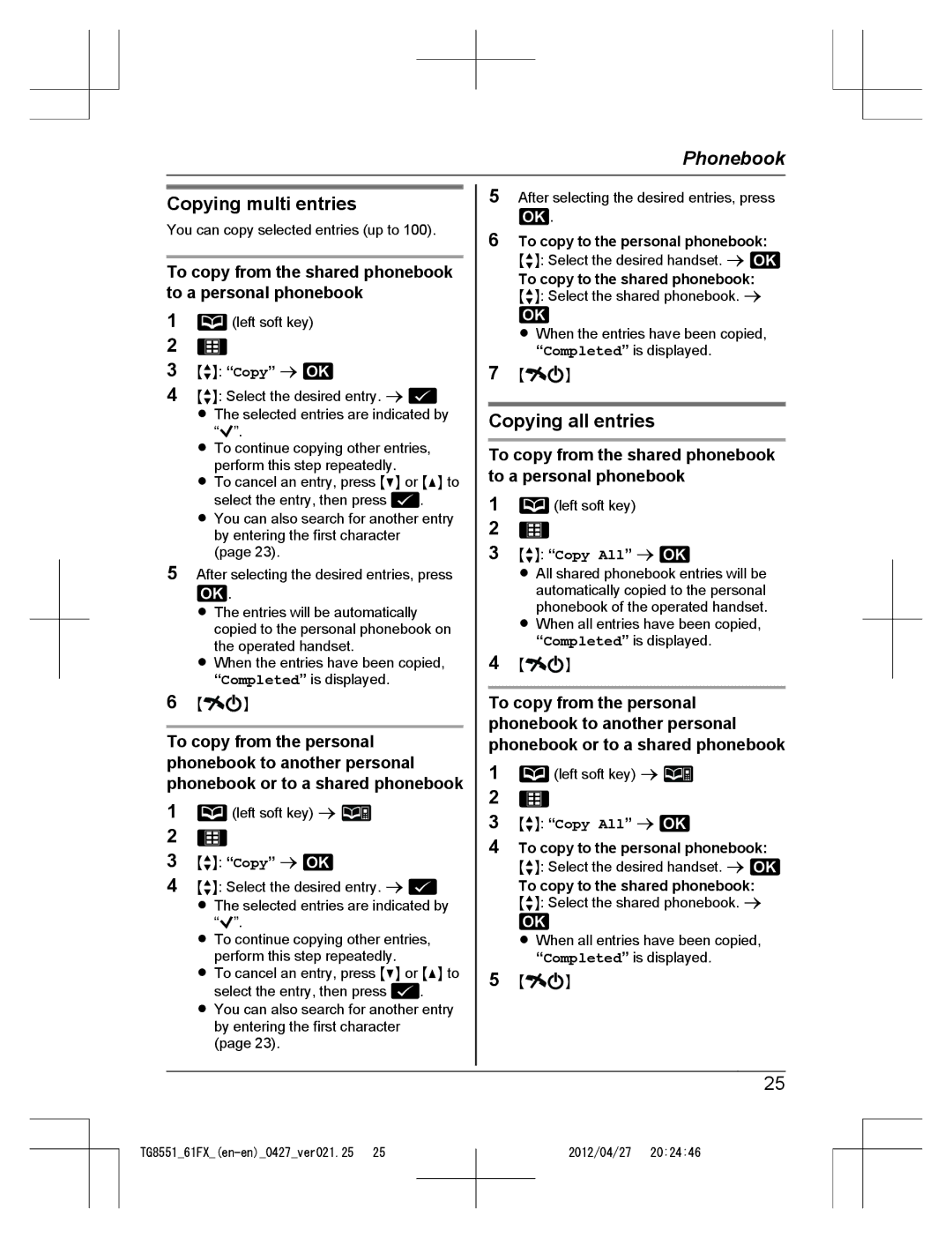 Panasonic KX-TG8551FX Copying multi entries, Copying all entries, To copy to the personal phonebook, MbN Copy All a 