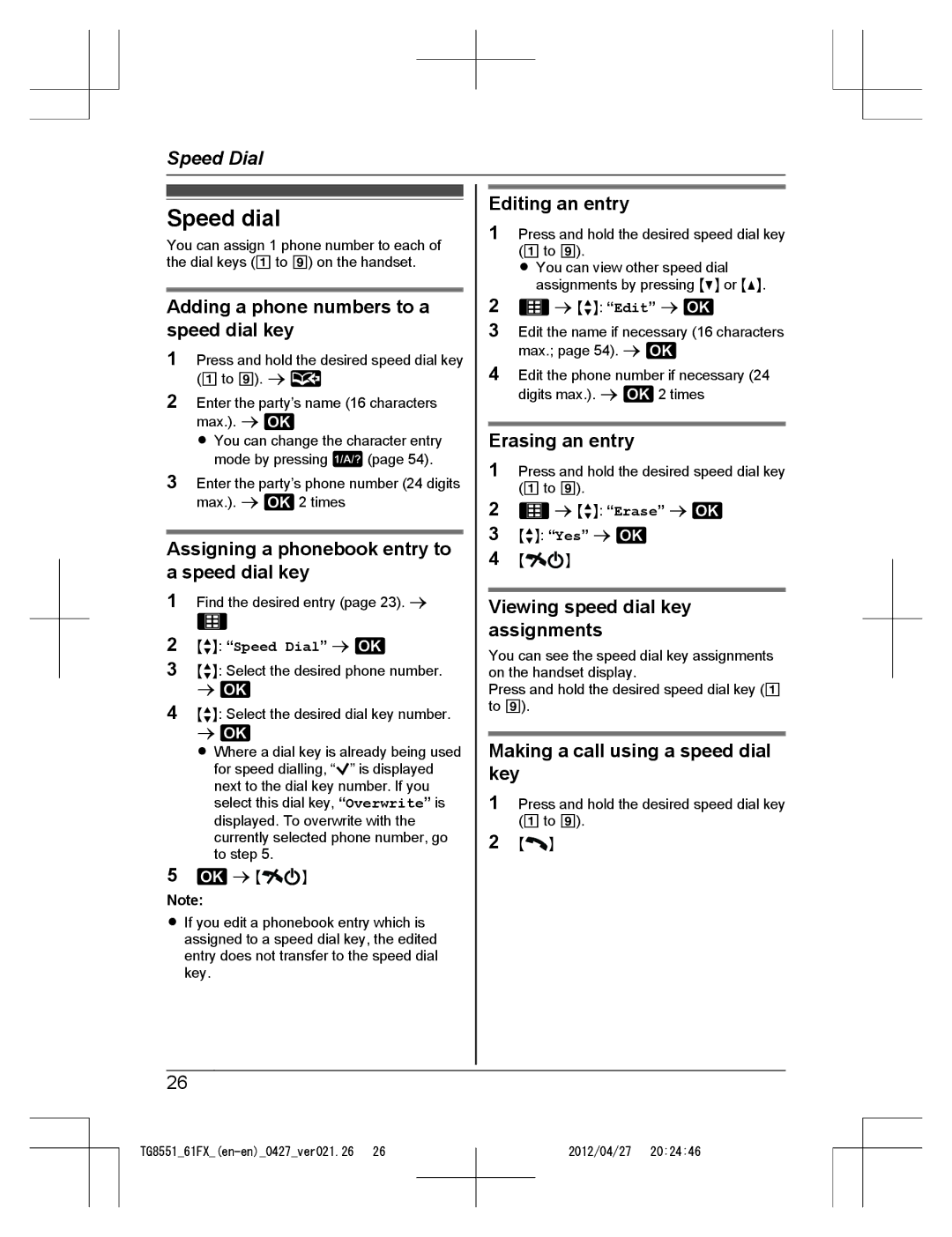 Panasonic KX-TG8561FX, KX-TG8551FX operating instructions Speed dial 