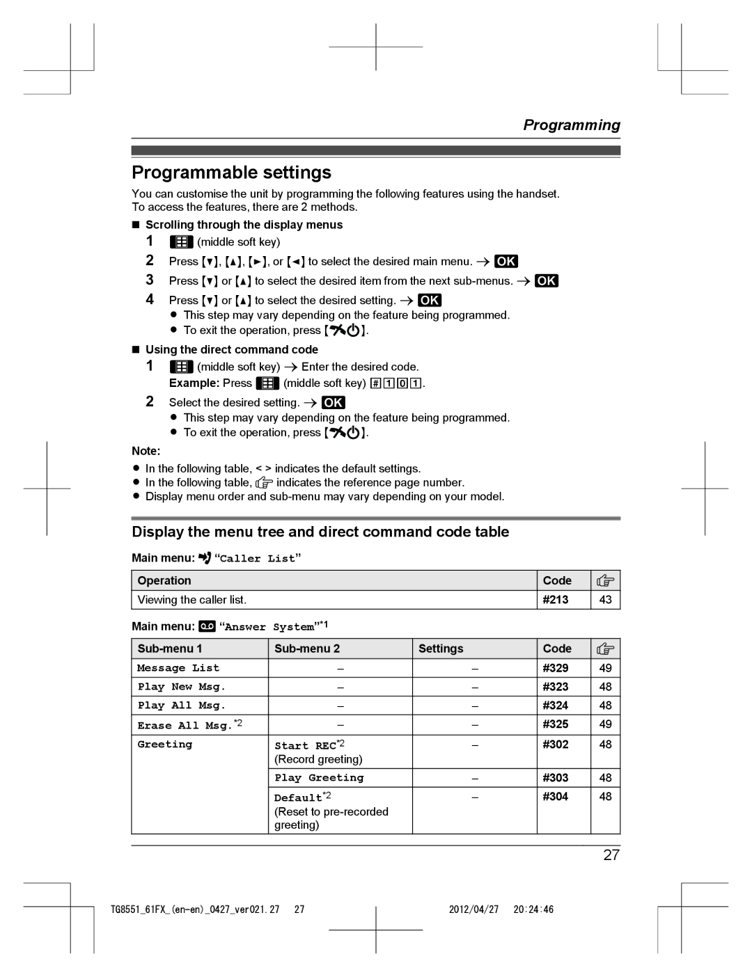 Panasonic KX-TG8551FX, KX-TG8561FX Programmable settings, Display the menu tree and direct command code table 