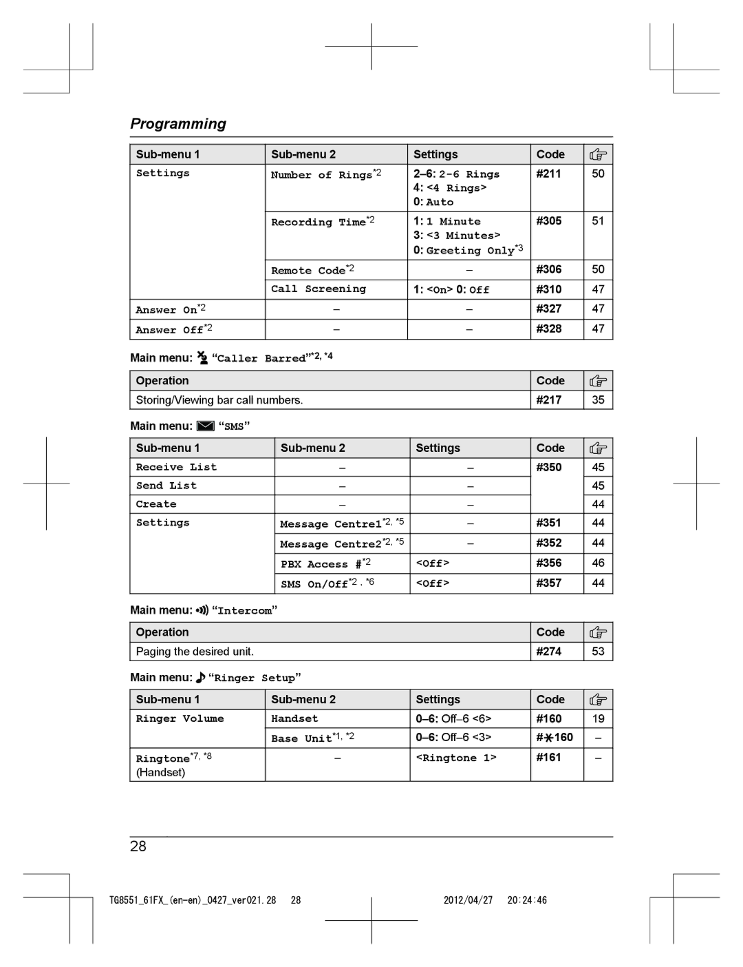 Panasonic KX-TG8561FX Settings Number of Rings*2, Rings Auto Recording Time*2 Minute, Answer On*2 Call Screening, Off 