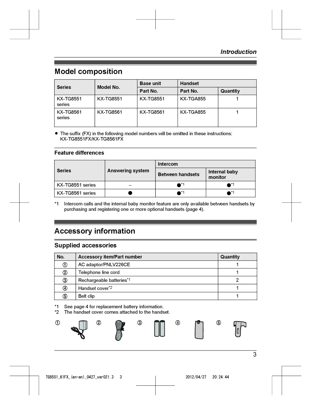 Panasonic KX-TG8551FX, KX-TG8561FX Model composition, Accessory information, Supplied accessories, Feature differences 