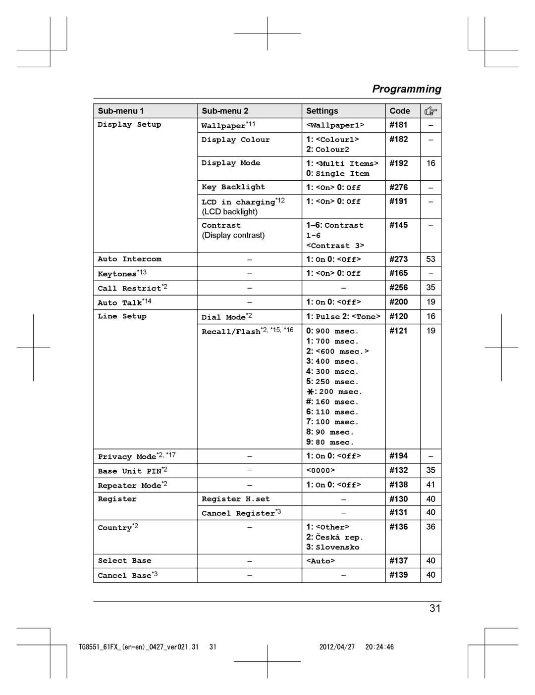 Panasonic KX-TG8551FX Display Setup Wallpaper *11 Wallpaper1, Display Colour Colour1, Colour2 Display Mode Multi Items 