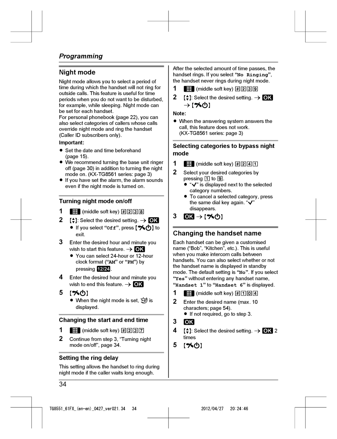 Panasonic KX-TG8561FX, KX-TG8551FX operating instructions Night mode, Changing the handset name 