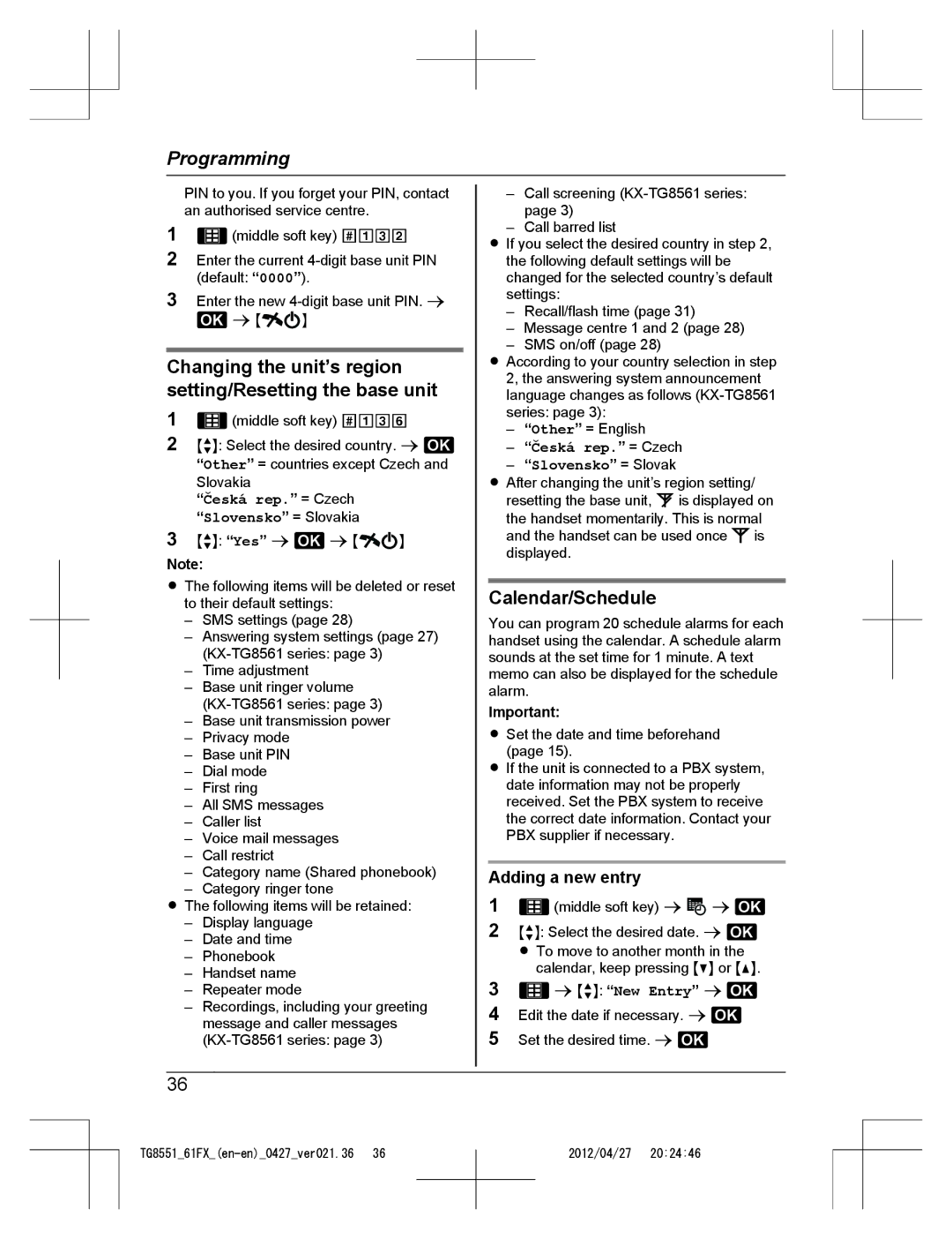 Panasonic KX-TG8561FX Changing the unit’s region setting/Resetting the base unit, Calendar/Schedule, Adding a new entry 