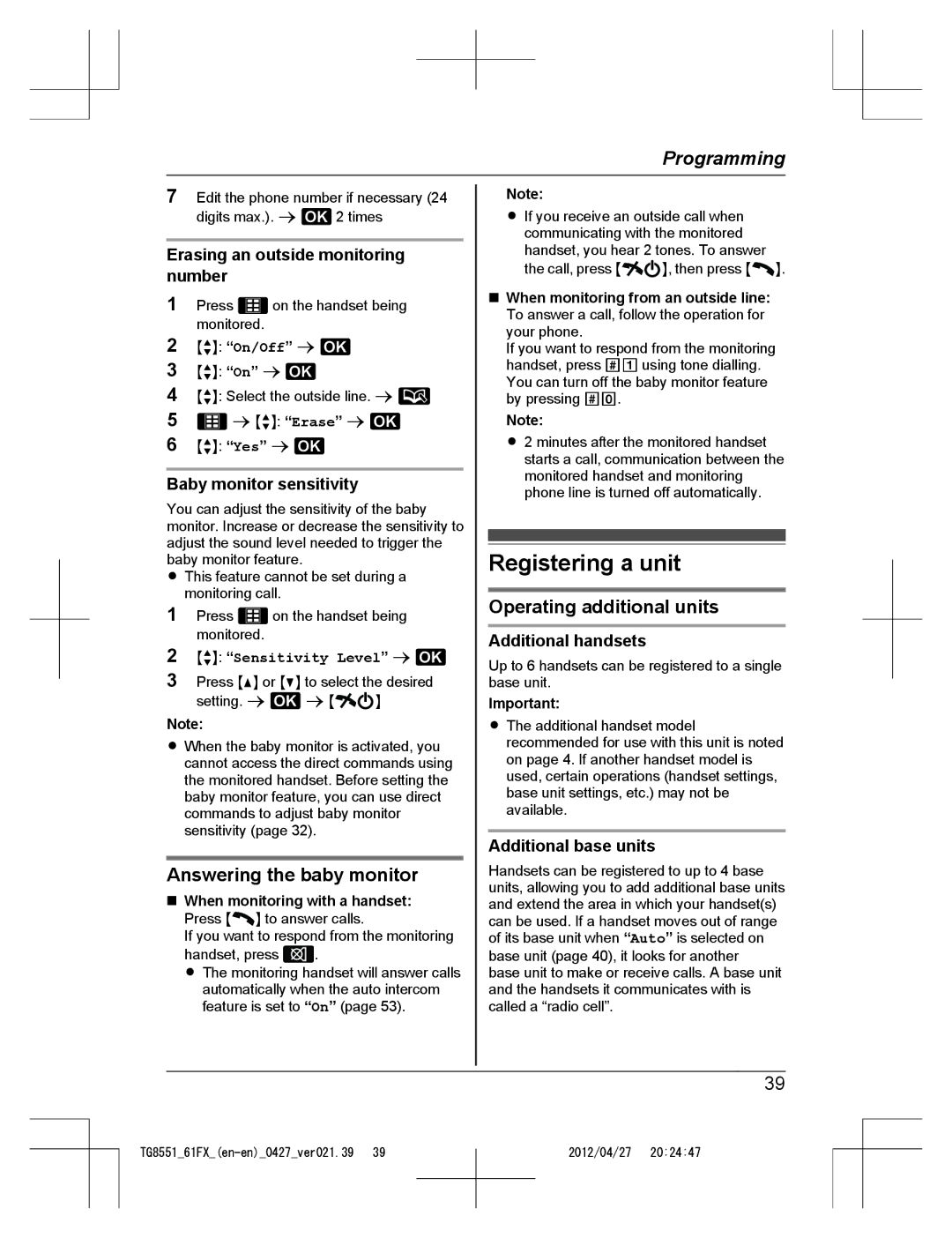 Panasonic KX-TG8551FX, KX-TG8561FX Registering a unit, Answering the baby monitor, Operating additional units 