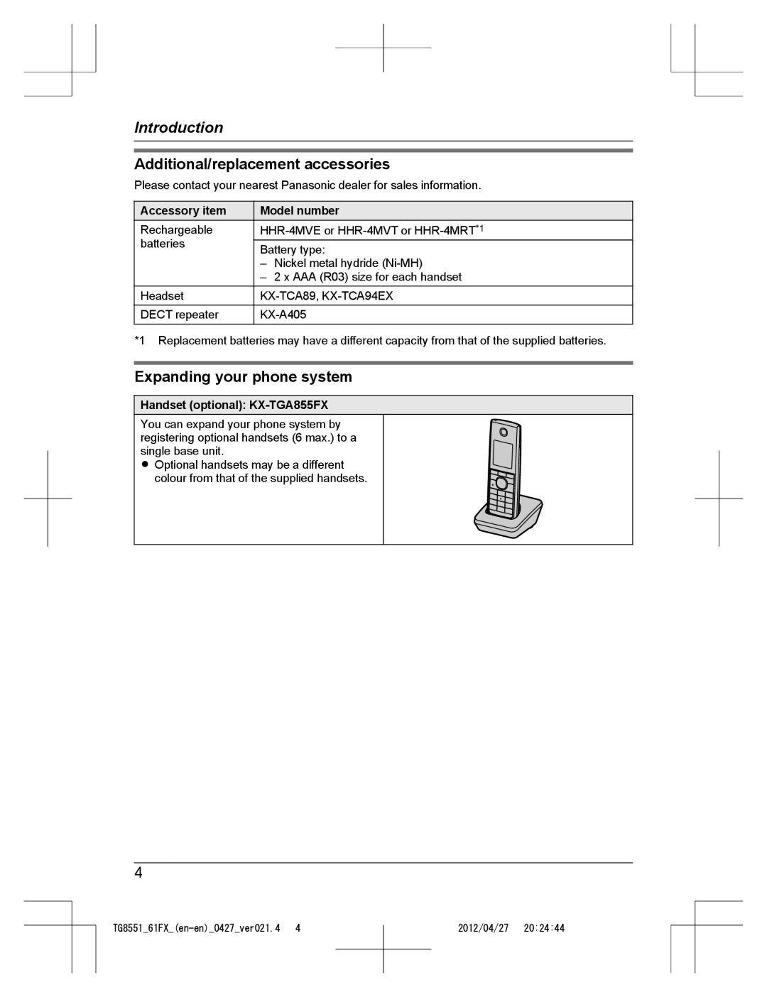 Panasonic KX-TG8561FX Additional/replacement accessories, Expanding your phone system, Accessory item, Model number 