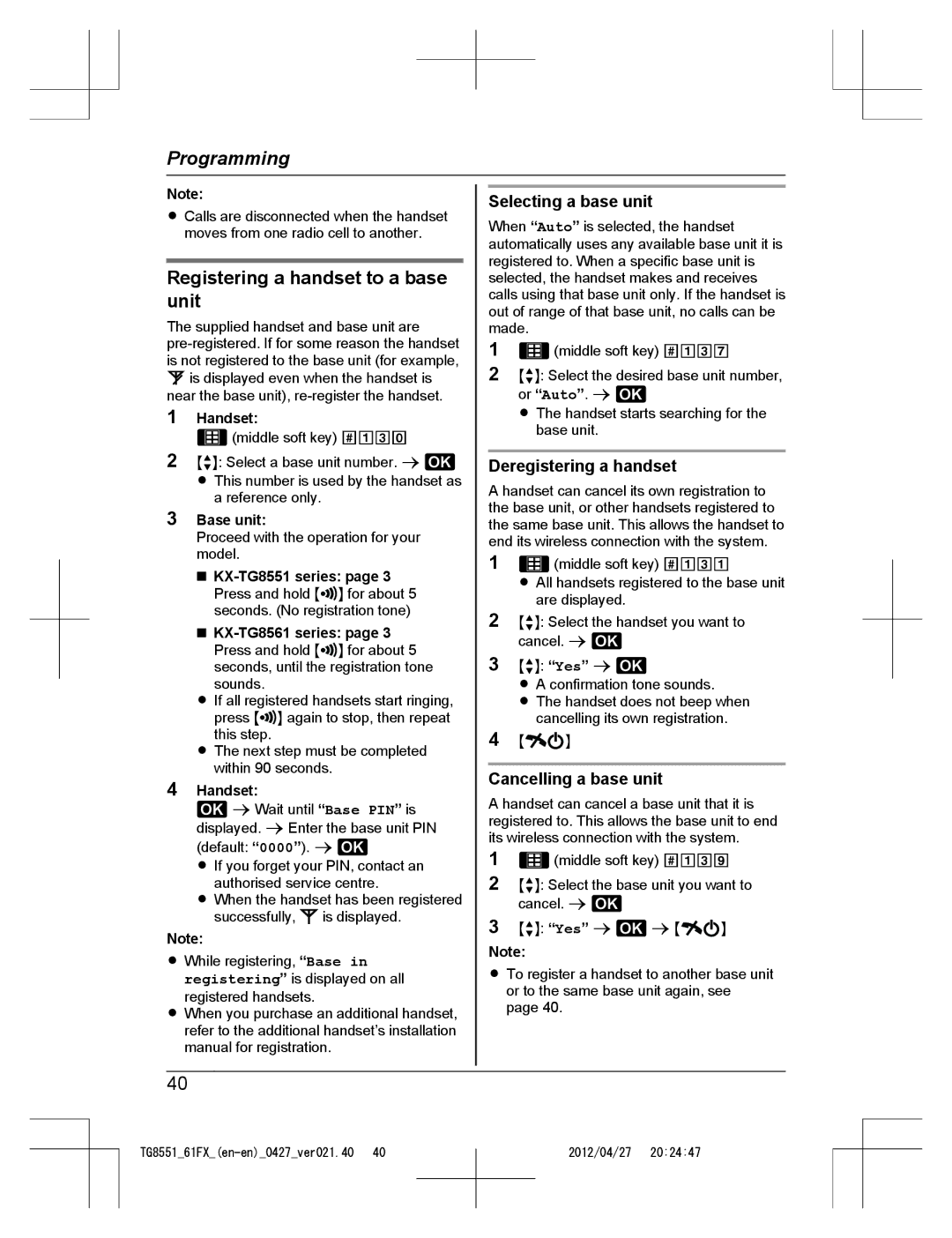 Panasonic KX-TG8561FX, KX-TG8551FX Registering a handset to a base unit, Selecting a base unit, Deregistering a handset 