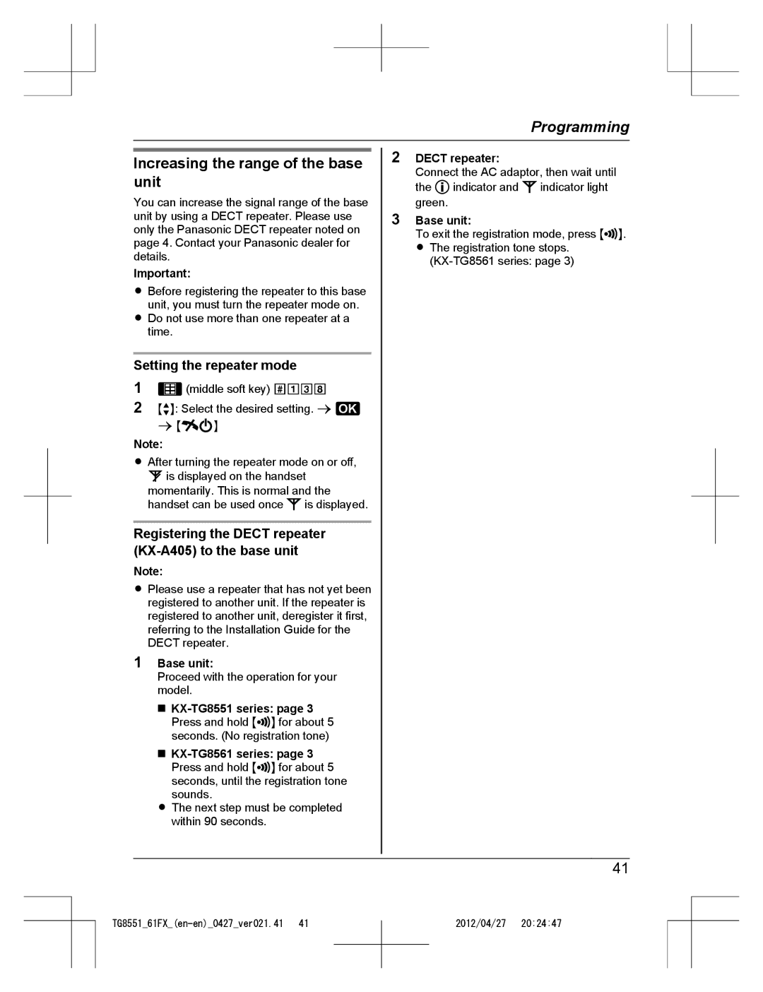 Panasonic KX-TG8551FX, KX-TG8561FX Increasing the range of the base unit, Setting the repeater mode, Dect repeater 