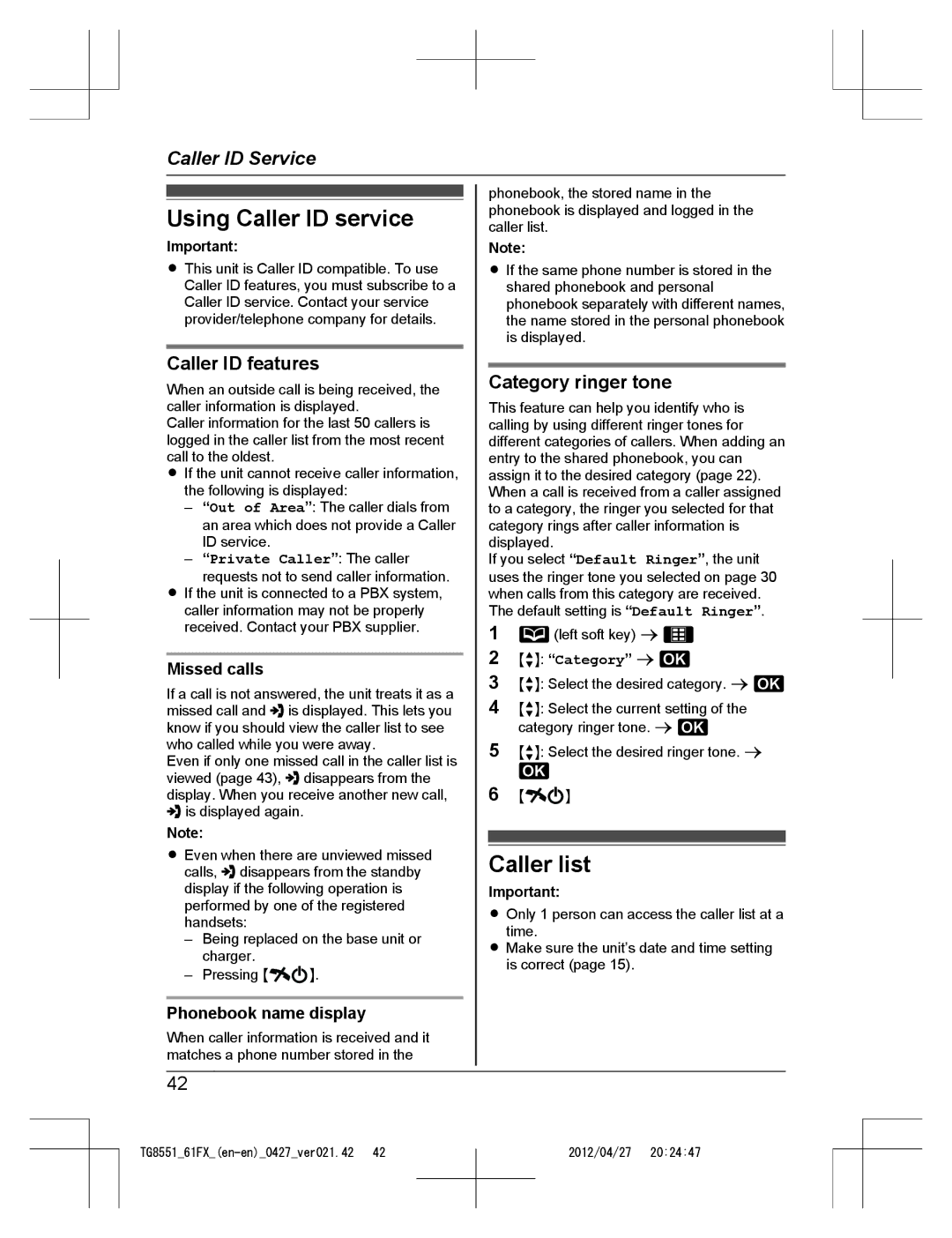 Panasonic KX-TG8561FX, KX-TG8551FX Using Caller ID service, Caller list, Caller ID features, Category ringer tone 