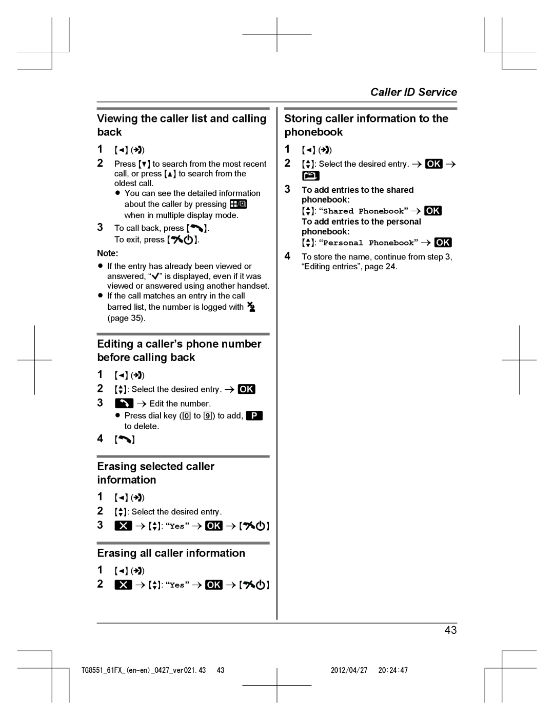 Panasonic KX-TG8551FX Viewing the caller list and calling back, Editing a caller’s phone number before calling back 