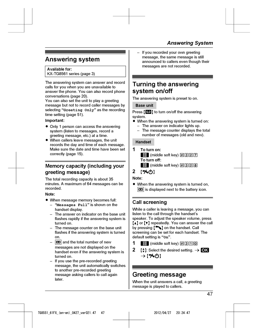 Panasonic KX-TG8551FX, KX-TG8561FX Answering system, Turning the answering system on/off, Greeting message, Call screening 