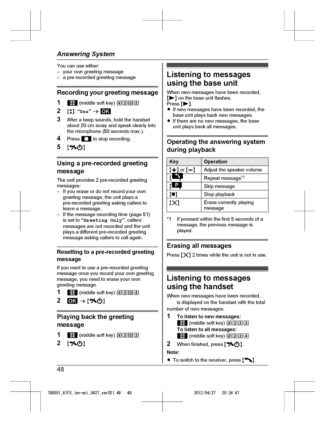 Panasonic KX-TG8561FX, KX-TG8551FX Listening to messages using the base unit, Listening to messages using the handset 