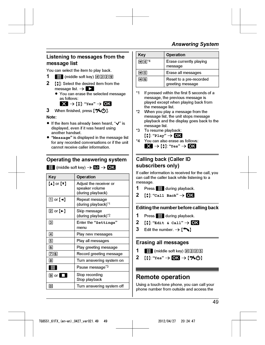 Panasonic KX-TG8551FX Remote operation, Listening to messages from the message list, Operating the answering system 
