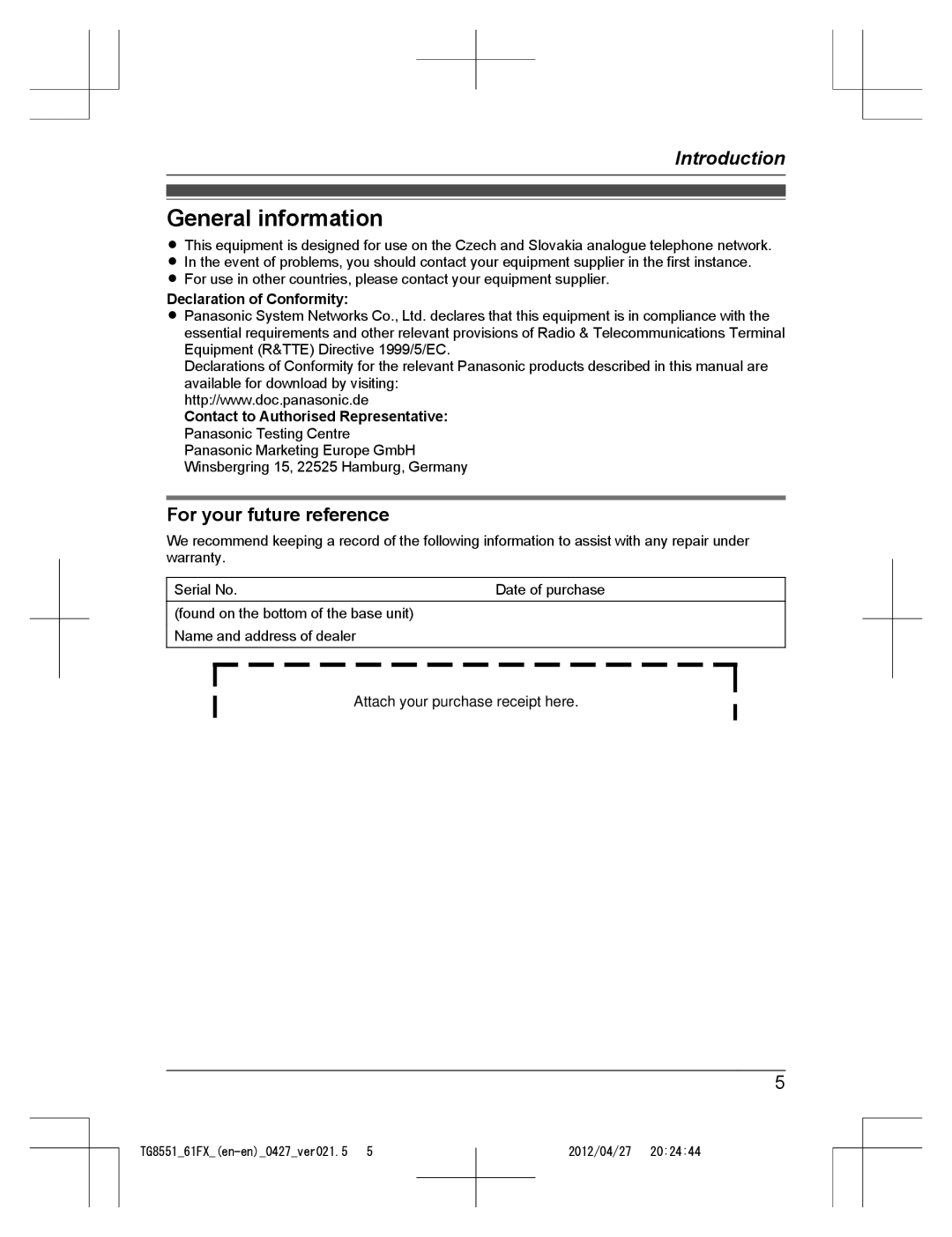 Panasonic KX-TG8551FX, KX-TG8561FX General information, For your future reference, Declaration of Conformity 