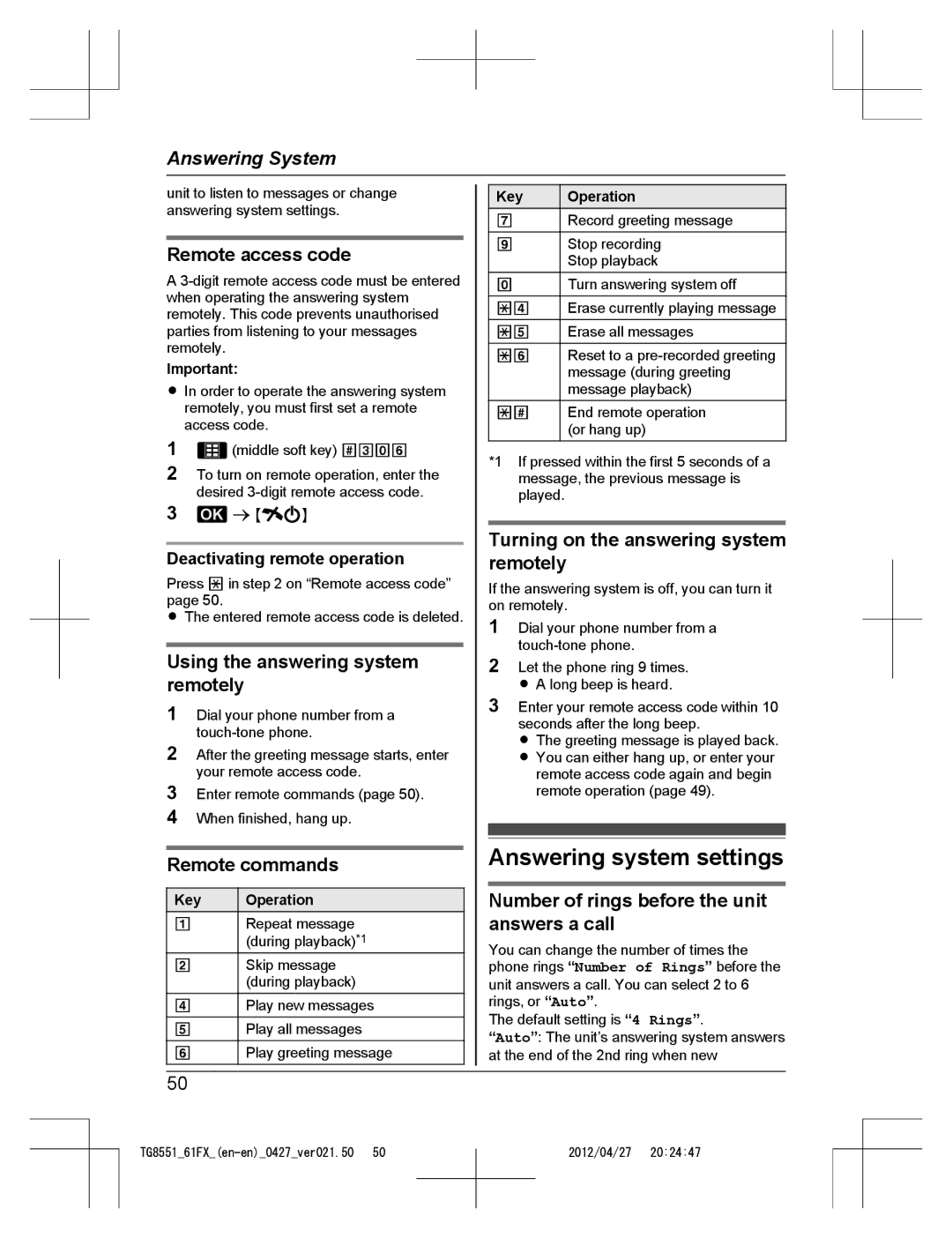 Panasonic KX-TG8561FX, KX-TG8551FX operating instructions Answering system settings 