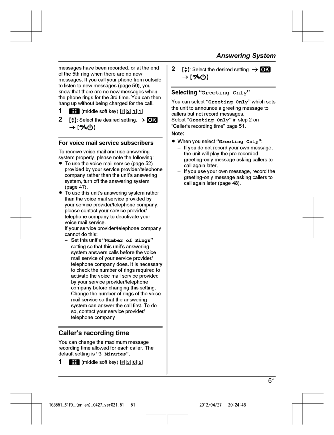 Panasonic KX-TG8551FX, KX-TG8561FX operating instructions Caller’s recording time, For voice mail service subscribers 