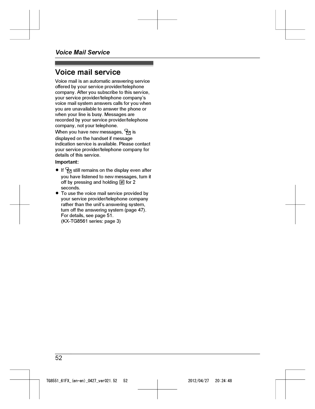 Panasonic KX-TG8561FX, KX-TG8551FX operating instructions Voice mail service 