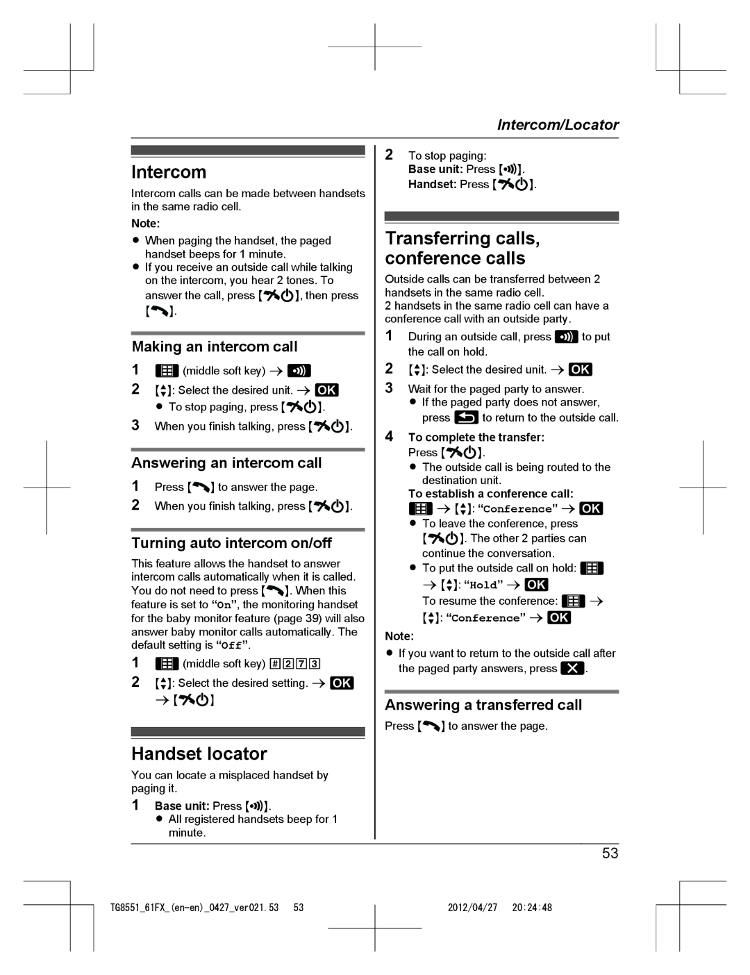 Panasonic KX-TG8551FX, KX-TG8561FX operating instructions Intercom, Handset locator, Transferring calls, conference calls 