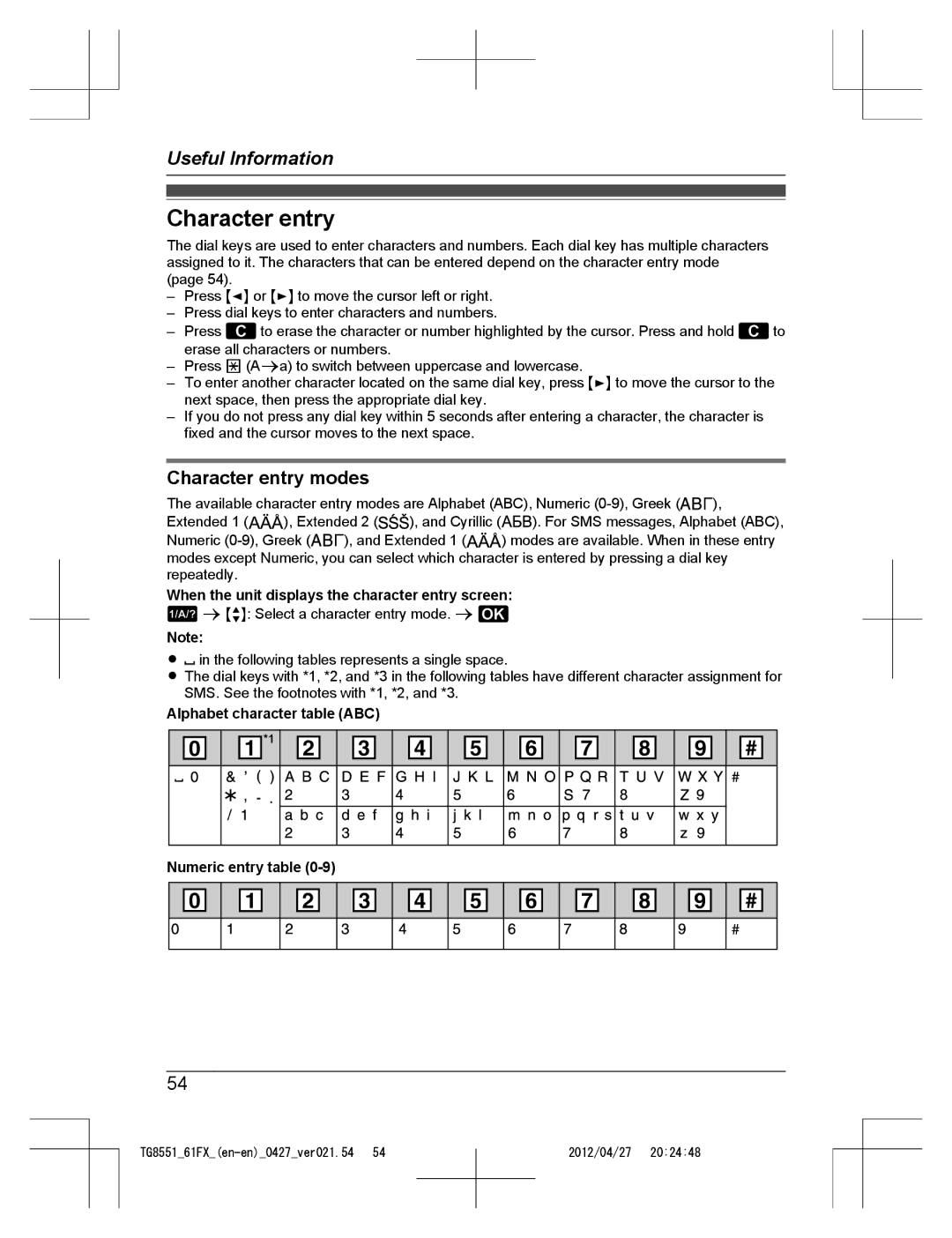 Panasonic KX-TG8561FX Character entry modes, When the unit displays the character entry screen, Numeric entry table 