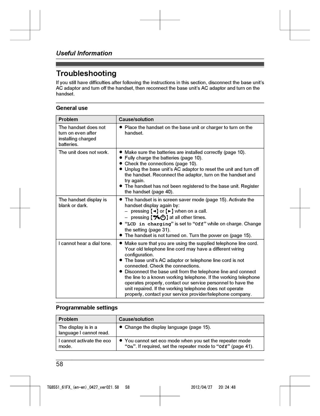 Panasonic KX-TG8561FX, KX-TG8551FX operating instructions Troubleshooting, General use, Programmable settings, Problem 