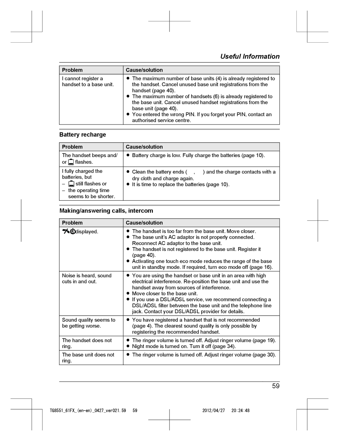 Panasonic KX-TG8551FX, KX-TG8561FX operating instructions Battery recharge, Making/answering calls, intercom 